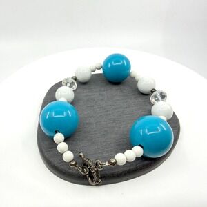 Chunky Blue White Bead Bracelet Toggle Clasp Statement Boho Y2K Layering Gift